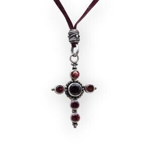 Garnet Cross Pendant Necklace 36" Silver Tone Vintage Inspired Romantic Gothic